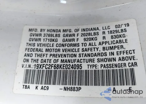 2019 Honda Civic Lx из США, поврежденный, VIN 19XFC2F68KE024095